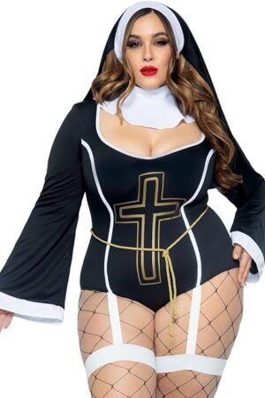 Women's 4 Pc Sister Sin Costume with Bodysuit, Belt, Collar, Head Piece