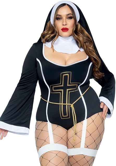 Women's 4 Pc Sister Sin Costume with Bodysuit, Belt, Collar, Head Piece