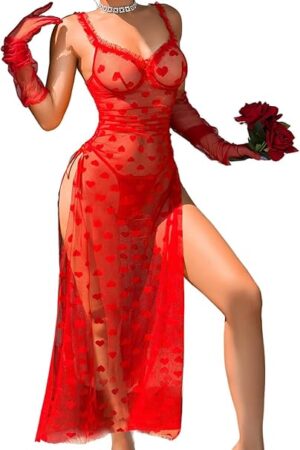 Women's Sexy Heart Lingerie Set, Underwire High Slit Bow Maxi Dress Valentines, Ruched Sheer Nightgown Boudoir Outfit