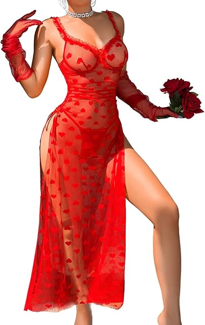 Women's Sexy Heart Lingerie Set, Underwire High Slit Bow Maxi Dress Valentines, Ruched Sheer Nightgown Boudoir Outfit