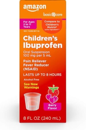 Amazon Basic Care Children's Ibuprofen Oral Suspension, 100 mg per 5 mL, Pain Reliever and Fever Reducer, Berry Flavor, For Sore Throat, Headache Relief and More, 8 fl oz (Pack of 1)