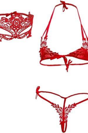 Lace Lingerie Self Tie Bra and Panty Set Sexy Micro Bikini Halter Small Top Strappy Tiny Thong Babydoll with Eye Mask