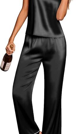 Women Silk Satin Pajamas Sleeveless Pjs Set 2 Piece Summer Loungewear Sleepwear with Pockets S-XXL