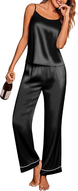 Women Silk Satin Pajamas Sleeveless Pjs Set 2 Piece Summer Loungewear Sleepwear with Pockets S-XXL