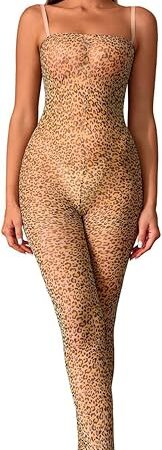 Women's Mesh Jumpsuit See-throught Sexy Sling Bodysuit Fishnet Leopard Crotchless Bodycon One Size