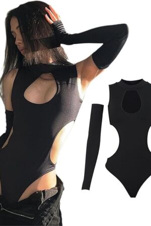 Women's Y2K Sexy Hollow Out Long Sleeve Tank Bodysuit Summer Skinny Leotard Tops Streetwear Outfit
