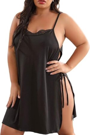 Women Plus Size Lace Babydoll Lingerie Side Slit Strappy Chemise Sleepwear