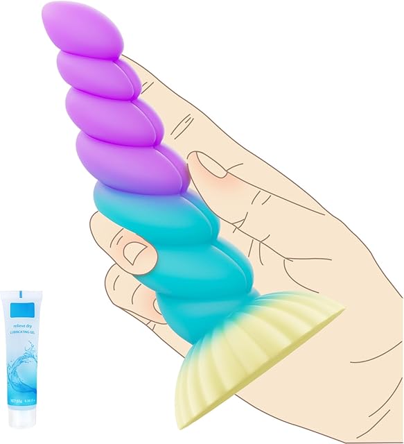 Beginner Dildo 5 inch Anal Dildo, Small Suction Cup Dildos for Prostate & G Spot,Pink & Blue Soft Curved Dildos with Ribbed, Silicone Unicorn Realistic Dildo Anal Sex Toy for Men Women Couples