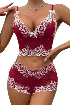 Women' Sexy Lingerie Set Teddy Babydoll Lace Three-point Suspender Lingerie Deep V Bra Brief Underwear 2-piece Sets