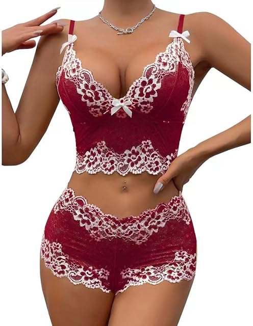 Women' Sexy Lingerie Set Teddy Babydoll Lace Three-point Suspender Lingerie Deep V Bra Brief Underwear 2-piece Sets