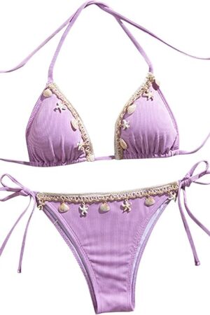 Women Triangle Bikini Set Sea Shell Decoration Halter Swimsuit Sexy String Tie Side 2 Piece Bathing Suit Beachwear