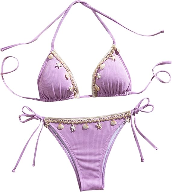 Women Triangle Bikini Set Sea Shell Decoration Halter Swimsuit Sexy String Tie Side 2 Piece Bathing Suit Beachwear