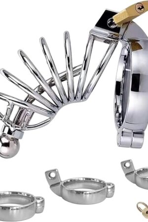 Chastity Device with Urethral Sounds, Metal Male Chastity Cage Ergonomic Design Chastity Lock Adult Sex Toys for Couples (with S/M/L Sized Cuffs)