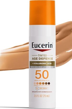 Eucerin Sun Tinted Age Defense Face Sunscreen Lotion SPF 50 with Hyaluronic Acid, Tinted Sunscreen for Face, Blendable Tint for All Skin Tones, Non Comedogenic and Hypoallergenic, 25 Fl Oz Bottle