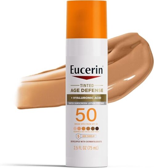Eucerin Sun Tinted Age Defense Face Sunscreen Lotion SPF 50 with Hyaluronic Acid, Tinted Sunscreen for Face, Blendable Tint for All Skin Tones, Non Comedogenic and Hypoallergenic, 25 Fl Oz Bottle
