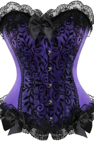 Womens Corsets Floral with Black Lace Trim Corset Satin Overbust Waist Cincher Bustier