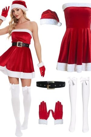Women's Mrs. Claus Santa Costume 5 Pcs Christmas Dresses for Women Sexy Christmas Lingerie Set Cosplay Outfit