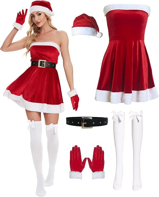 Women's Mrs. Claus Santa Costume 5 Pcs Christmas Dresses for Women Sexy Christmas Lingerie Set Cosplay Outfit