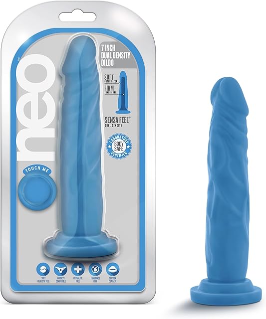 Blush Neo 7.5" Realistic Dual Density Dildo, Sensa Feel Lifelike Cock - Suction Cup, Strap-On Compatible - Beginners Anal, Vaginal or Pegging Play Adult Sex Toy for Women, Men & Couples - (Neon Blue)