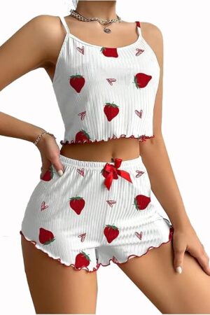 Cute Pajamas for Women Strawberry Print PJ Set Crop Cami Tops and Shorts Set 2 Piece Lounge Sets