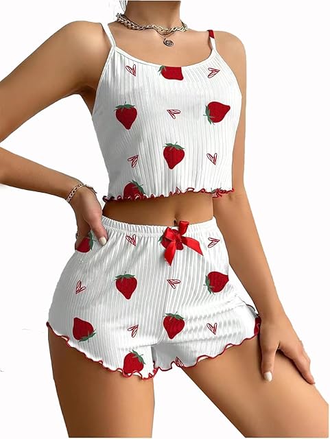 Cute Pajamas for Women Strawberry Print PJ Set Crop Cami Tops and Shorts Set 2 Piece Lounge Sets