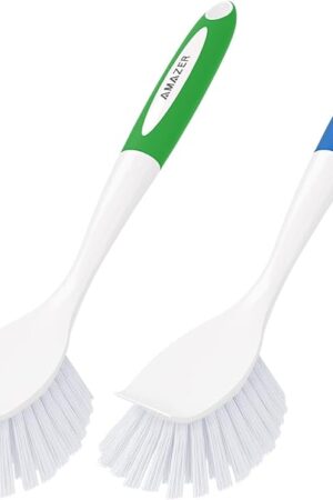 Amazer Dish Brush with Handle, 2 Pack Kitchen Scrub Brushes for Cleaning, Dish Scrubber with Stiff Bristles for Sink, Pots, Pans