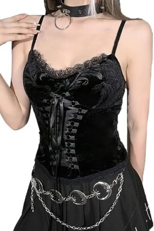 Women Gothic Velvet Cami Vintage Lace Up Crop Tops with Bandage Grunge Harajuku V Neck Shirts for Emo Girl
