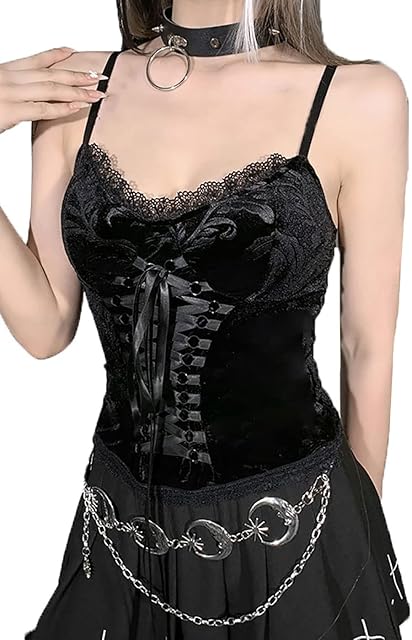Women Gothic Velvet Cami Vintage Lace Up Crop Tops with Bandage Grunge Harajuku V Neck Shirts for Emo Girl