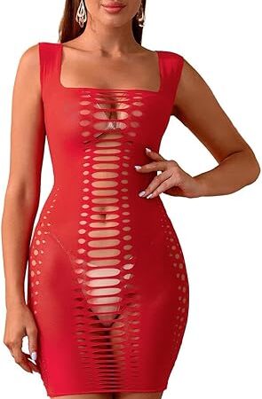 Women's Sexy Fishnet Lingerie Cut out Mini Dress Bodysuit Bodycon Dress Scoop Neck Teddy Breasted Skirt