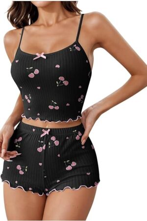 Women Cami Pajamas Sets Cherry Print Shorts Sleepwear Sexy Bow Pjs Sets Summer Sleeveless Nightwear