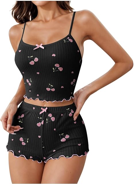 Women Cami Pajamas Sets Cherry Print Shorts Sleepwear Sexy Bow Pjs Sets Summer Sleeveless Nightwear
