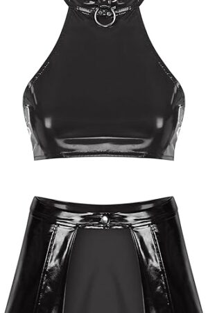 Women Sexy Wet Look Lingerie Set Glossy Backless Crop Top with Front Open Miniskirt Clubwear