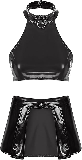 Women Sexy Wet Look Lingerie Set Glossy Backless Crop Top with Front Open Miniskirt Clubwear