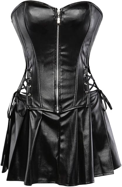 Women's Punk Rock Faux Leather Corset with Skirt Retro Goth Waist Cincher Basque Bustier