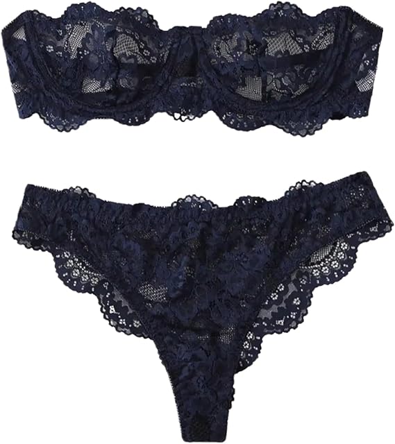 Women's 2 Piece Floral Lace Lingerie Set Backless Strapless Bra and Panty Sets