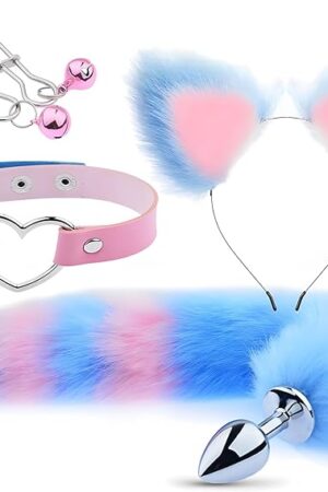 4pcs/Set Anal Sex Toys Fox Tail Butt Plug Set, Sexy Plush Cat Ear Headband, Faux Leather Necklace, Nipples Clip with Bell, Anal Expandor Massage Toy, Roleplay Couples Flirting Sex Toys