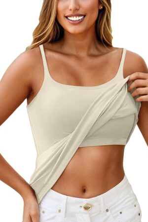 Camisole Top for Women Built in Bra 2024 Summer Soft Comfy Adjustable Spaghetti Strap Layer Cami Tank Top