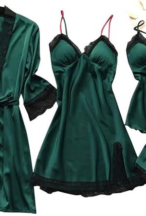 Womens Silk Sleepwear 4 Piece Set Lace-Trim Pajamas Belted Robe Camisole Dress Sleepshirts Shorts Set Sexy Nightgowns