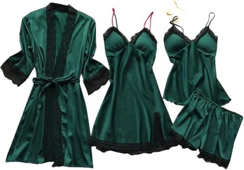 Womens Silk Sleepwear 4 Piece Set Lace-Trim Pajamas Belted Robe Camisole Dress Sleepshirts Shorts Set Sexy Nightgowns