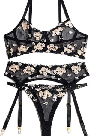 Bridal Lingerie Wedding Night,Floral Applique Sheer Lace Garter Lingerie Set,Boudoir Outfits For Photography