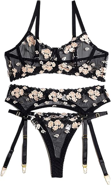 Bridal Lingerie Wedding Night,Floral Applique Sheer Lace Garter Lingerie Set,Boudoir Outfits For Photography