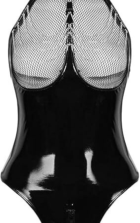 Women's Sexy Mock Neck Wet Look Leotard Zipper Crotch Bodysuit Catsuit Teddy