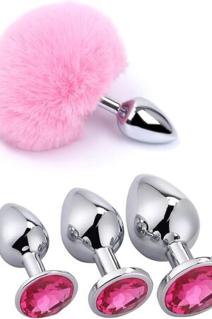 Anal Plug Sex Toys Games for Women,4 PCS Stainless Steel Butt Plug Fox Tail Butt Plugs Trainer Silicone Anal Plugs for Adult Sex Toy for Couple Anal Training Set