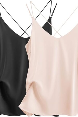 Womens Silk Satin Camisole Tank Tops V Neck Spaghetti Strap Blouses Cross Back Sleeveless Cami Shirt