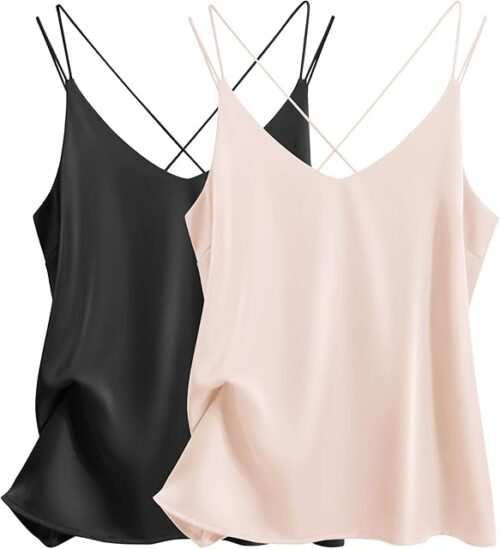 Womens Silk Satin Camisole Tank Tops V Neck Spaghetti Strap Blouses Cross Back Sleeveless Cami Shirt
