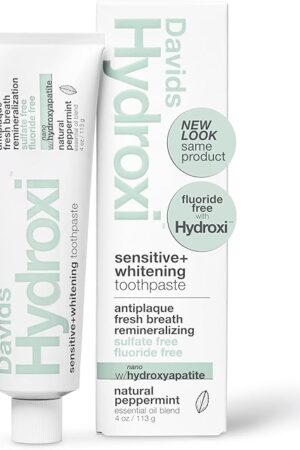 Davids Hydroxi Fluoride Free Nano Hydroxyapatite Toothpaste for Remineralizing Enamel & Sensitive Relief, Whitening, Antiplaque, SLS Free, Natural Peppermint, 4 oz, Made in USA