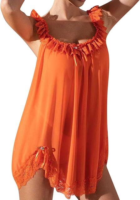 Women's Sexy Lingerie Lace Trim Babydoll Nightwear Sheer See Throught Chemises Sleepwear Nightgown