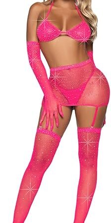 Women's 5 Pc Rhinestone Fishnet Garter Skirt Set with Bikini Top, G-String, Gloves, Stockings