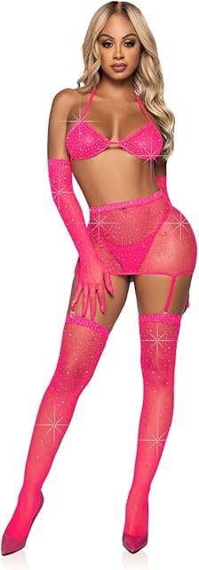 Women's 5 Pc Rhinestone Fishnet Garter Skirt Set with Bikini Top, G-String, Gloves, Stockings