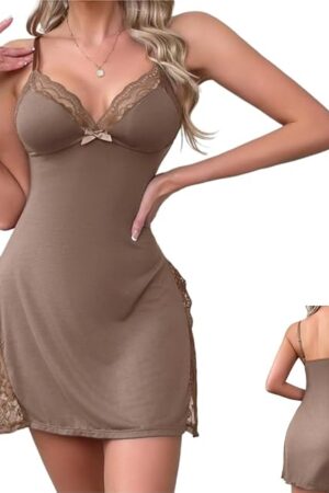 Women's Lace Trim Slit Sleep Dress,Side Slit Bowknot Decor Cami Sleep Dress,Plus Size Lingerie Sexy Nightgown for Women